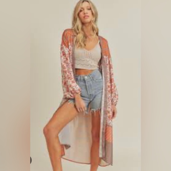 Lush Women's Floral Border Print Satin Long Open Kimono/Duster, Size L - Picture 3 of 8